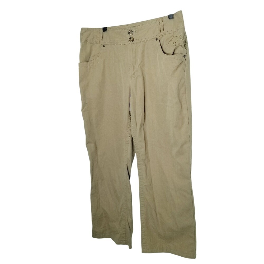 Cabelas Women's Khaki Embroidered Outdoor Gorpcore Cropped Casual Pants Size‎ 14